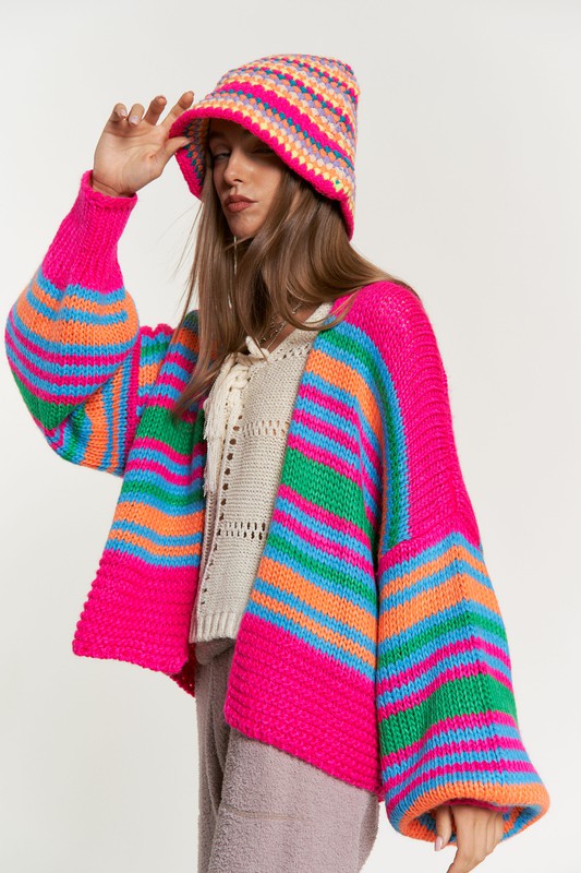 Chunky Knit Multi-Striped Open Sweater Cardigan cardigan