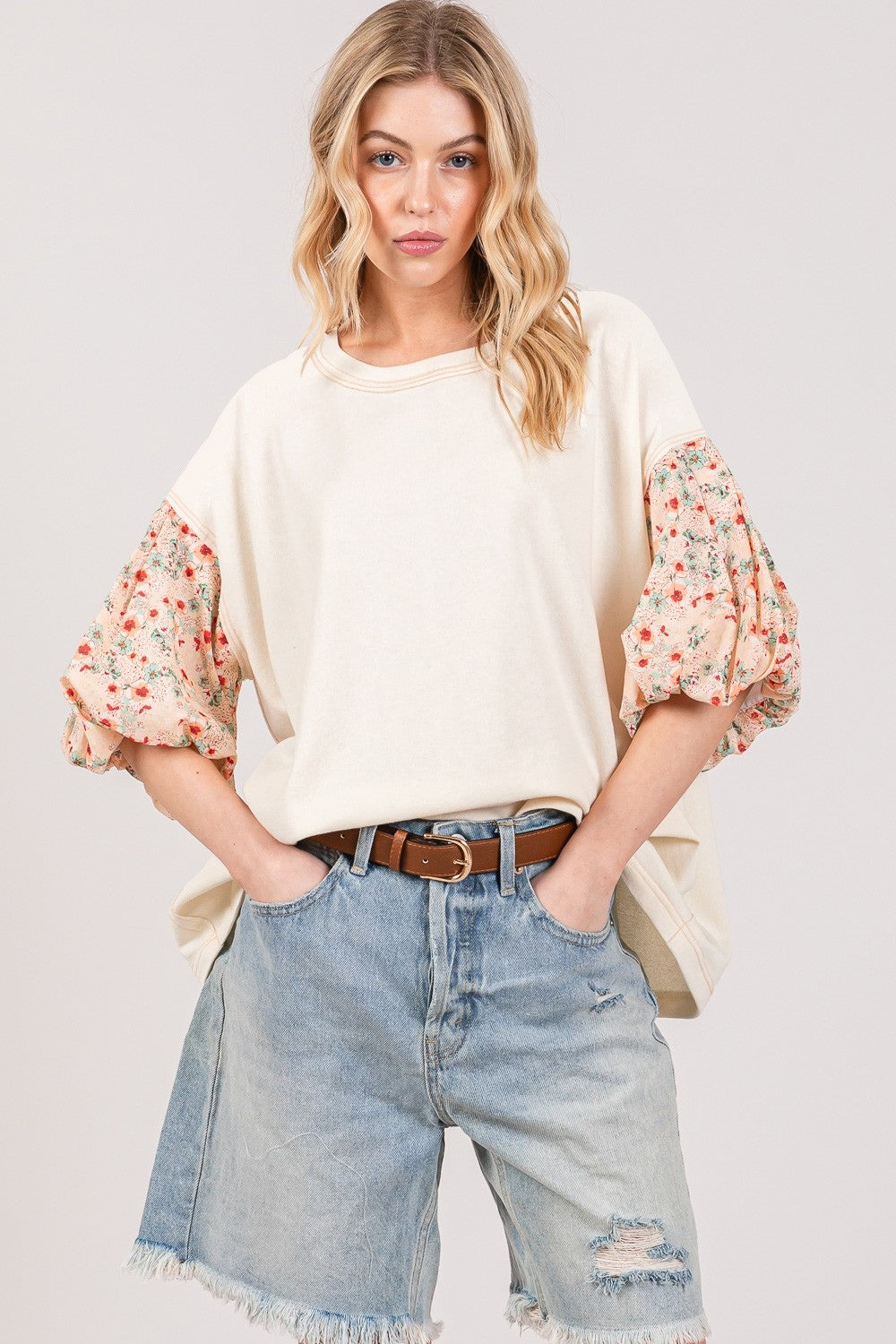 SAGE + FIG Round Neck Bubble Sleeve Oversize Top top