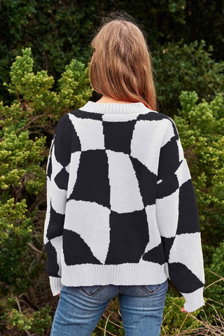 Multi Geo Checker Pullover Knit Sweater Top Sweater