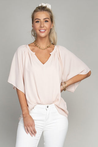 Solid Notched Neck Blouse Beige Top
