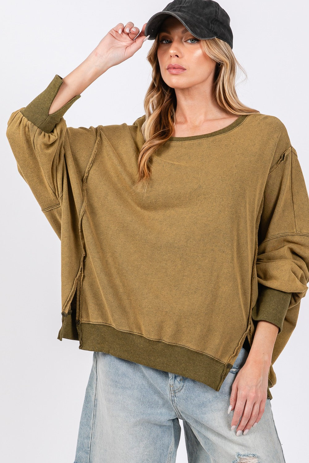 Mineral Wash Side Slit Oversized Sweatshirt Olive sweatshirt