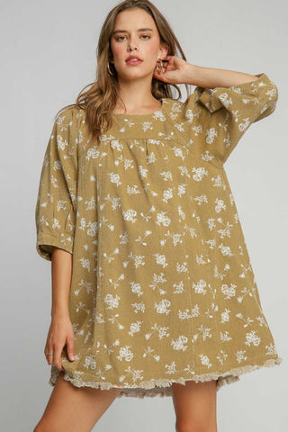 Umgee Raw Hem Floral Print Round Neck Denim Dress Mocha Dress