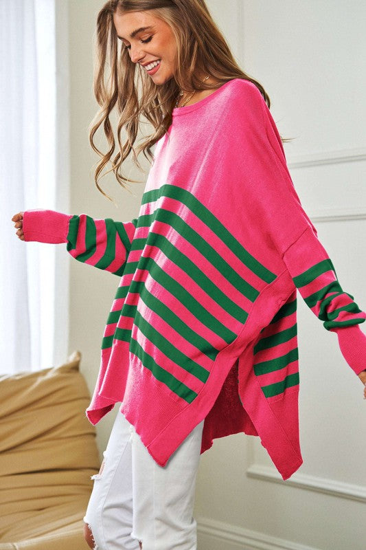 Multi Striped Elbow Patch Loose Fit Sweater Top Sweater