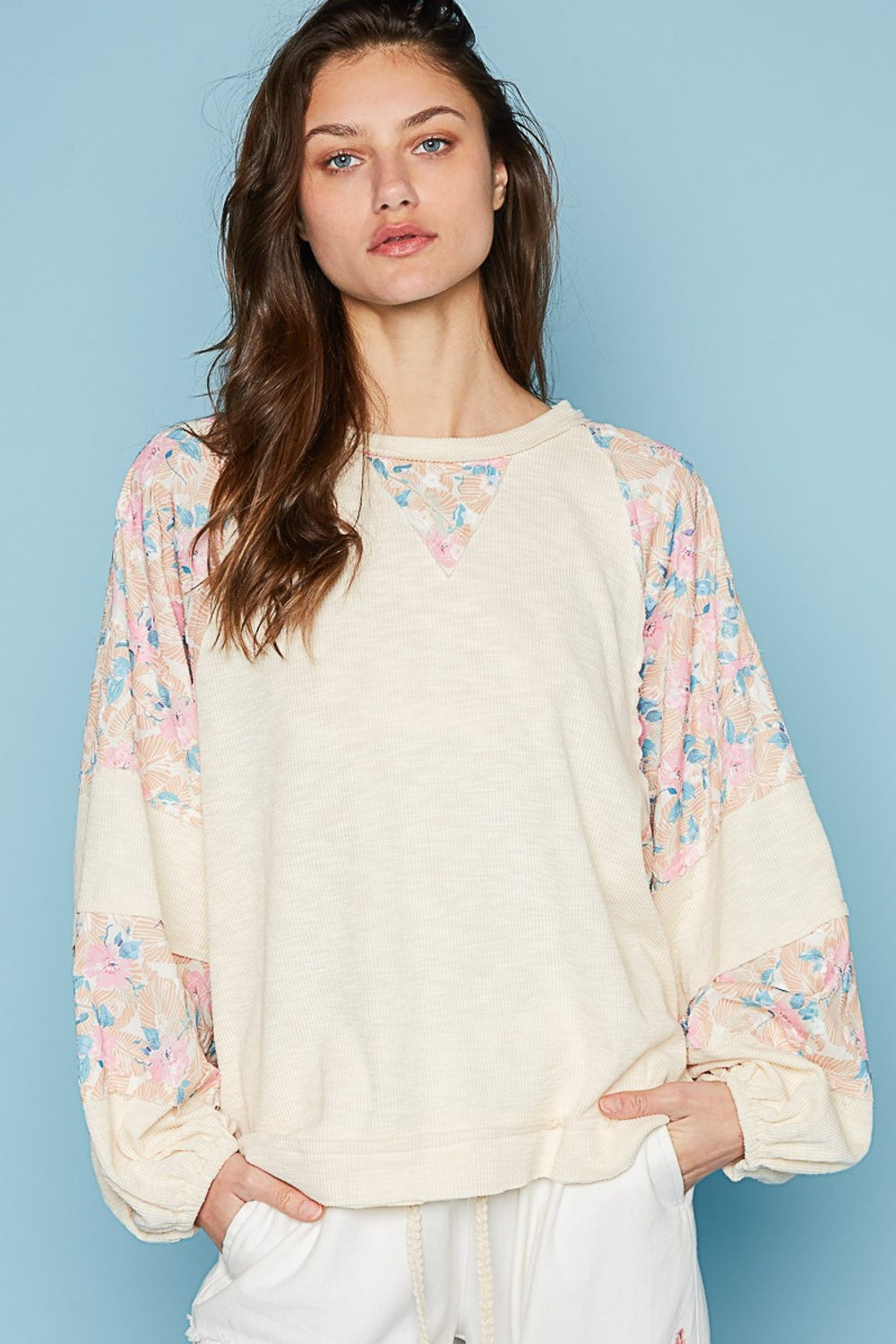 POL Round Neck Balloon Floral Long Sleeve Top Cream Multi Top