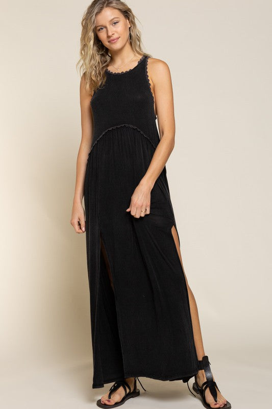 Stone Washed Side Slit Cut Out Maxi Dress Dress