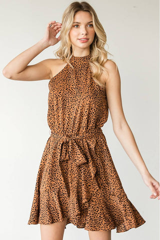 First Love Full Size Leopard Belted Sleeveless Dress Dress