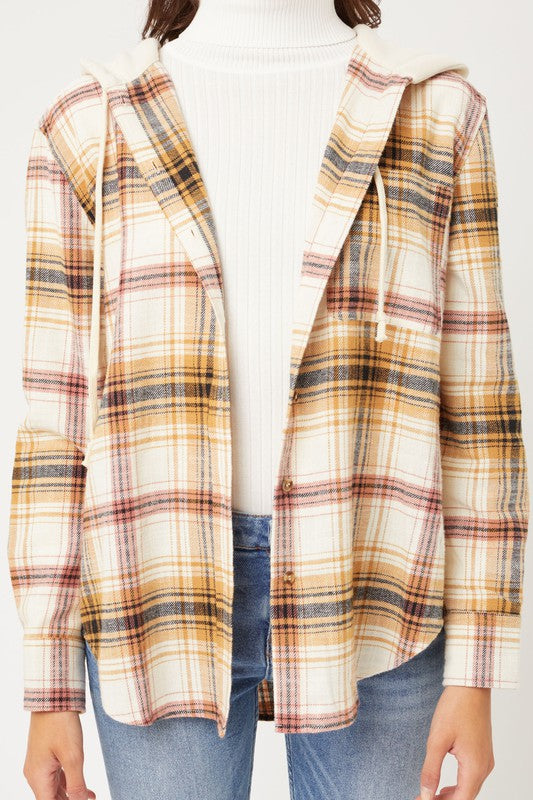 Plaid Flannel Button Up Shacket with Hood shacket