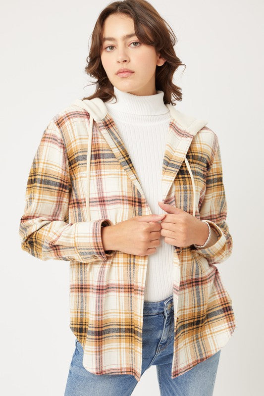 Plaid Flannel Button Up Shacket with Hood SAFFRON shacket