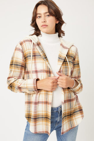 Plaid Flannel Button Up Shacket with Hood SAFFRON shacket