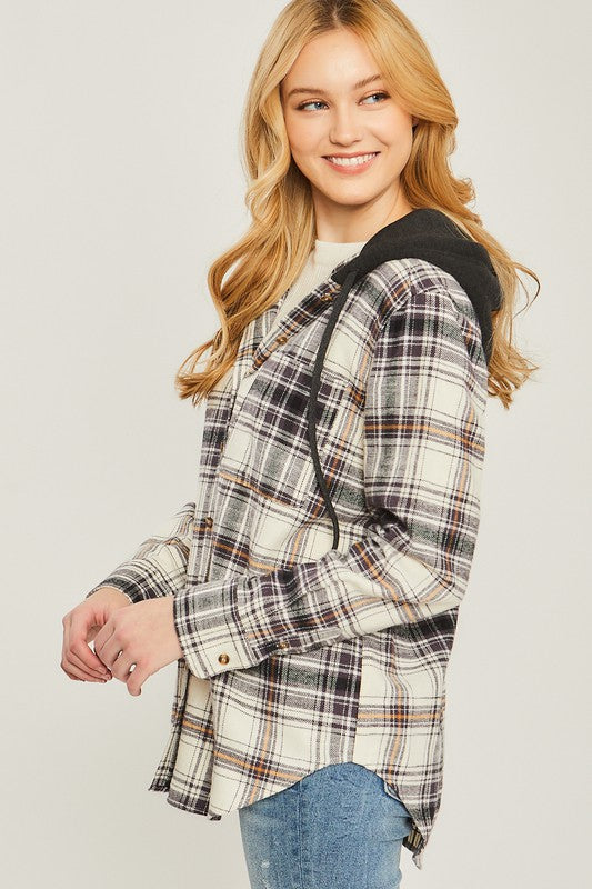 Plaid Flannel Button Up Shacket with Hood shacket
