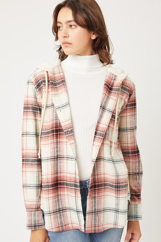 Plaid Flannel Button Up Shacket with Hood TERRA COTTA shacket