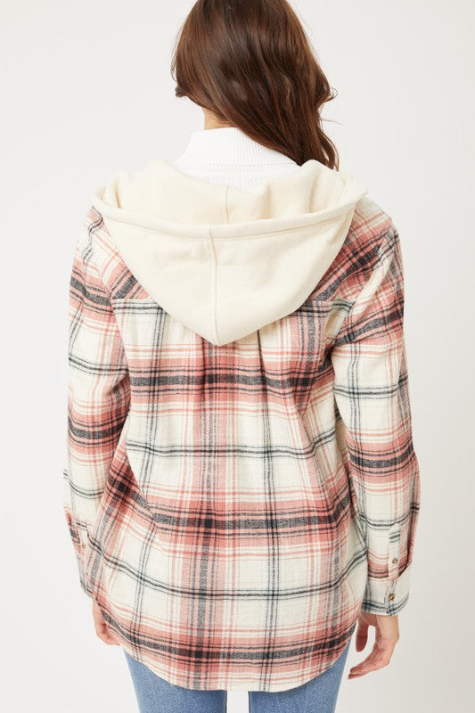 Plaid Flannel Button Up Shacket with Hood shacket