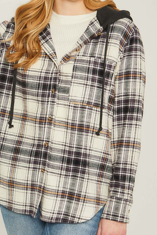 Plaid Flannel Button Up Shacket with Hood shacket