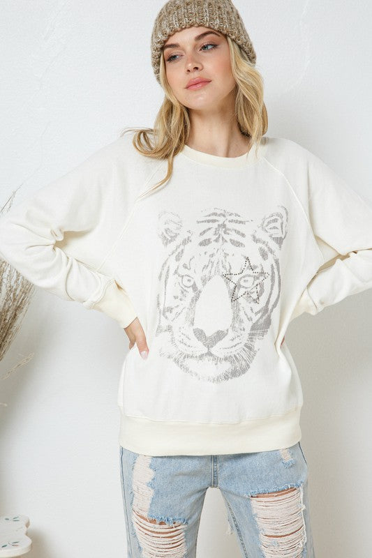 French Terry Tiger Studded Star Graphic Sweatshirt Off White sweatshirt