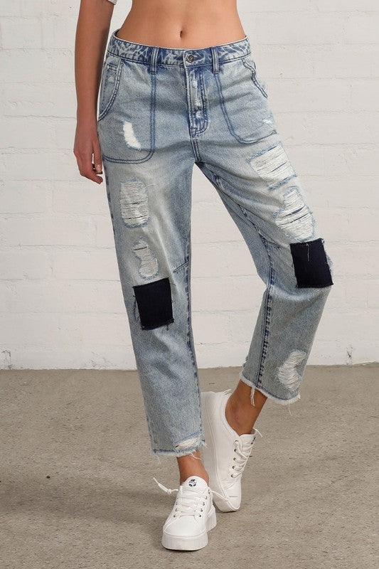 Raw Hem Patched Jeans Jeans