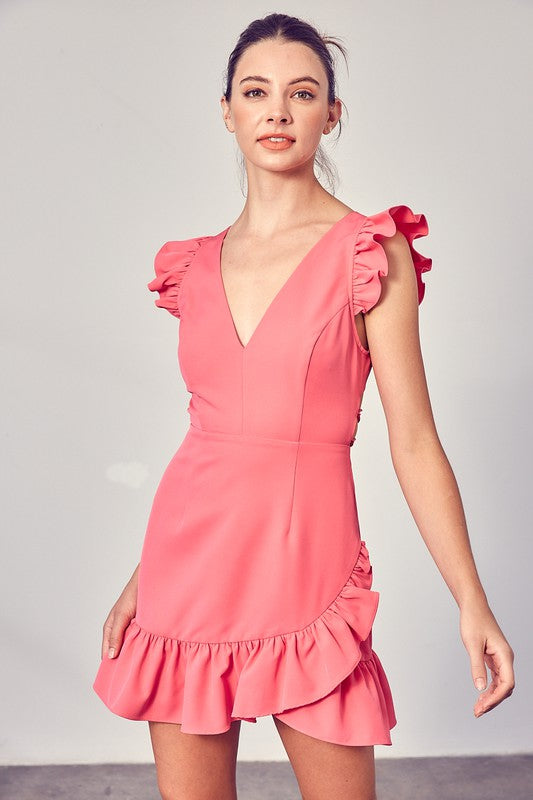 V-Neck Ruffle Dress PINK PUNCH Dress