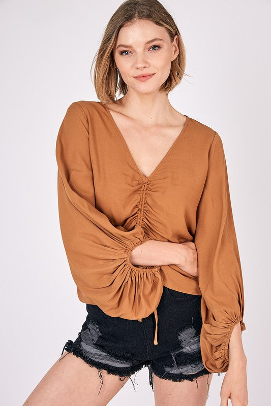 Front Tie Shirring Top DEEP HONEY Top