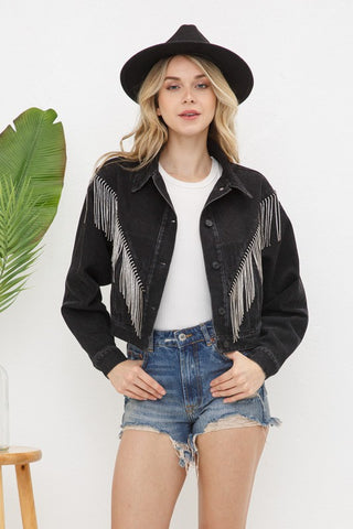 Denim Chevron Fringe Jacket Black denim jacket