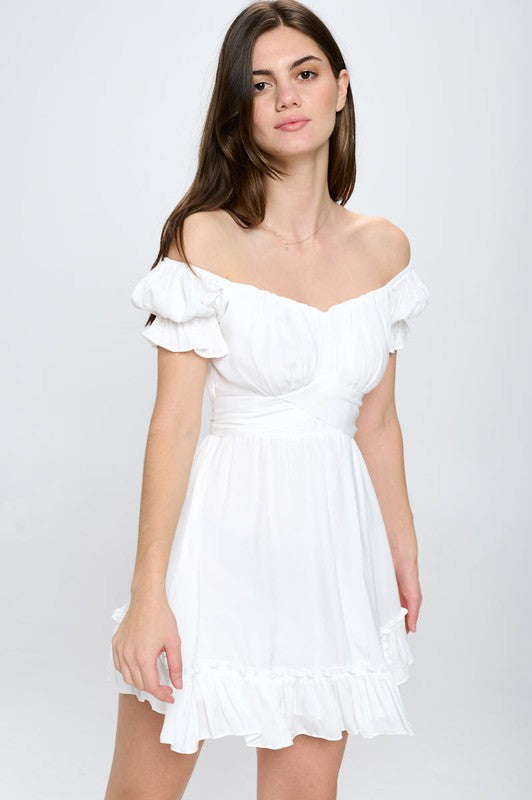 Off Shoulder Ruffle Mini Dress WHITE Dress