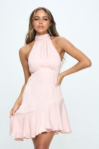 Halter Neck Satin Mini Dress NUDE Dress