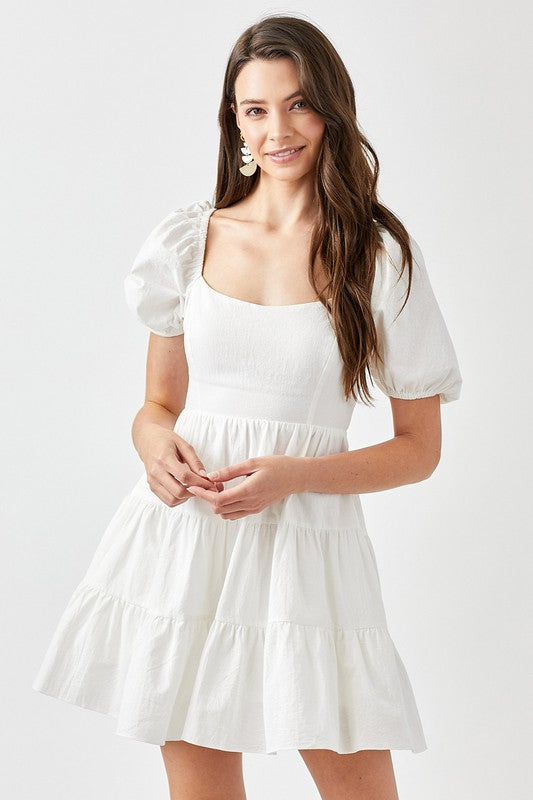 Puff Sleeve Back Double Tie Tiered Dress OFF WHITE Dress