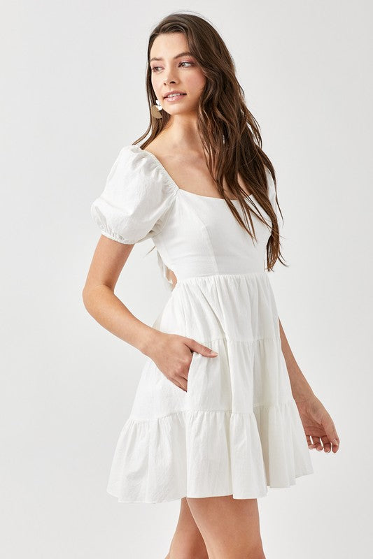 Puff Sleeve Back Double Tie Tiered Dress Dress