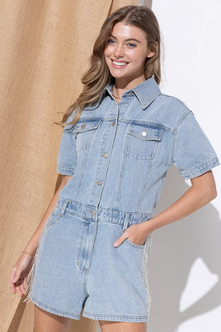 Washed Denim Overall Romper Denim Jumpsuits and Rompers