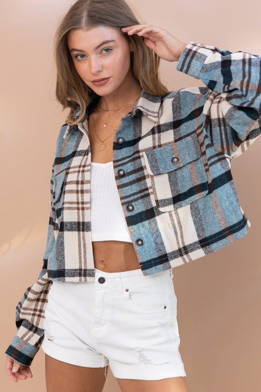 Plaid Crop Shirt Jacket Teal Jacket