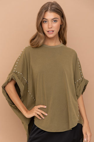 Studded Oversized High Low T Shirt Olive tee shirt