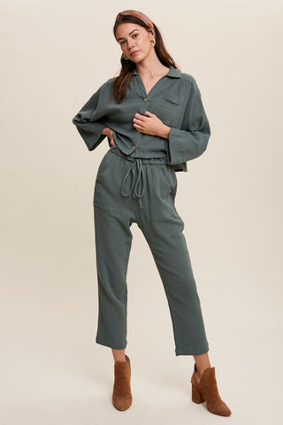 Long Sleeve Button Down and Long Pants Sets Hunter Green Set