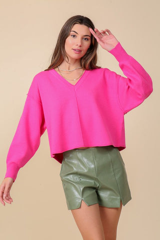 SOLID DROP SHOULDER V NECK TOP Hot Pink Sweater