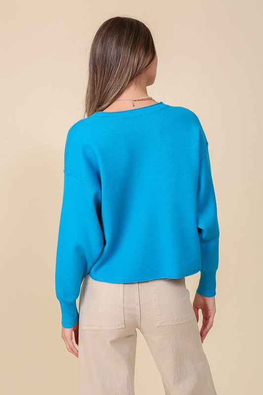 SOLID DROP SHOULDER V NECK TOP Blue Sweater