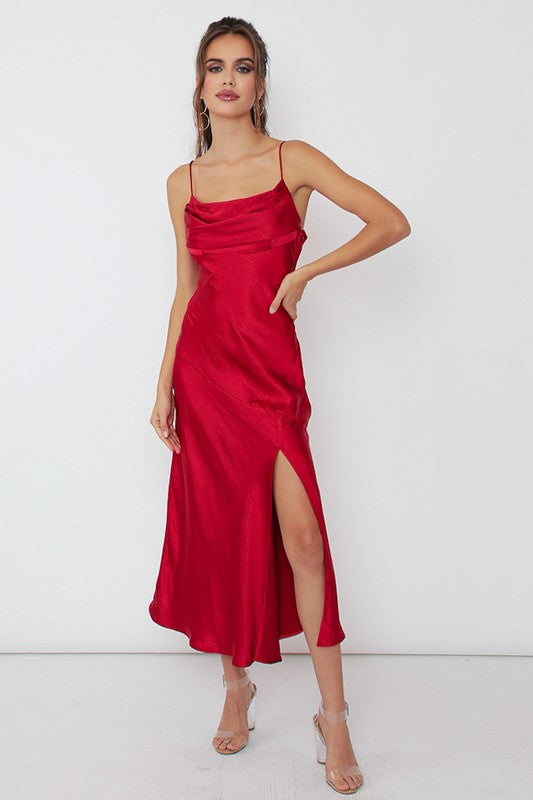 Satin Side Slit Midi Dress WINE Dress