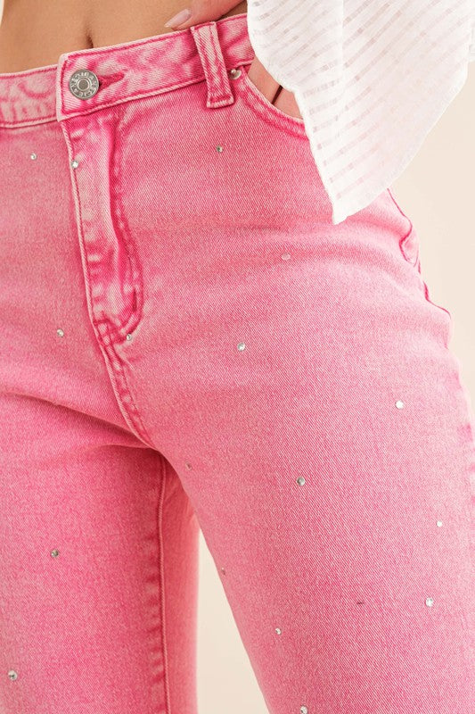 Studded Rhinestone Distressed Denim Jeans Pink Denim pants