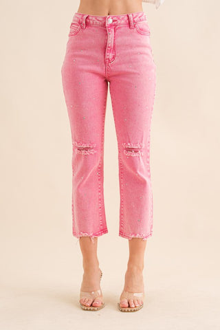 Studded Rhinestone Distressed Denim Jeans Denim pants