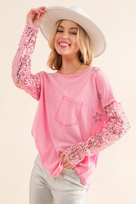 Star Printed Shoulder Sequin SLV Top Top