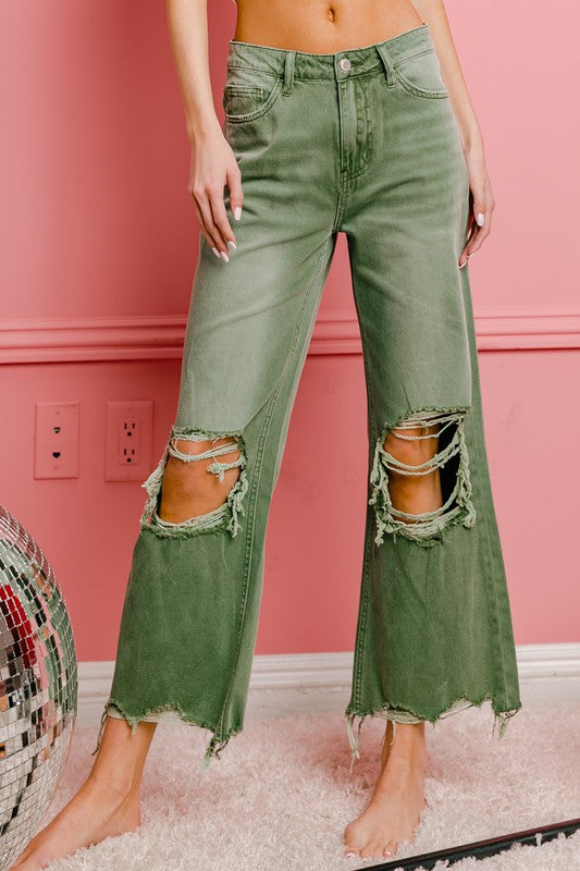 Distressed Vintage Washed Wide Leg Pants ASH GREEN Jeans