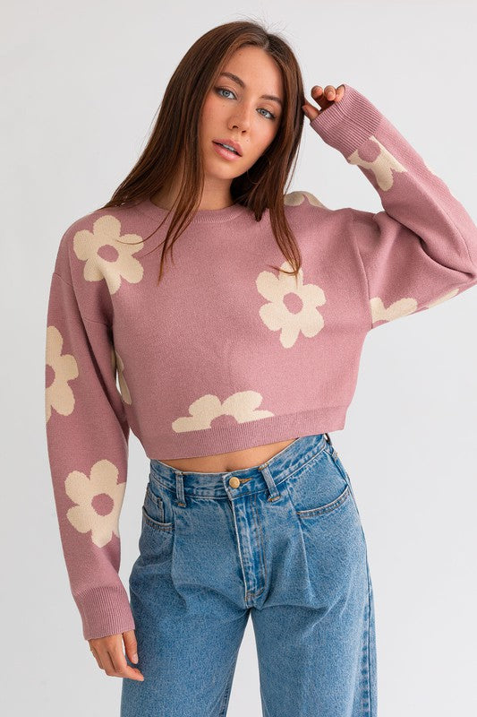 Long Sleeve Crop Sweater with Daisy Pattern PINK-CREAM Sweater