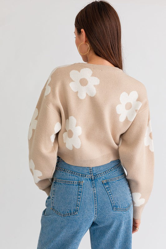 Long Sleeve Crop Sweater with Daisy Pattern Sweater