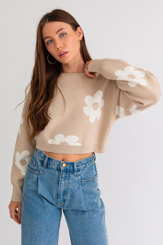 Long Sleeve Crop Sweater with Daisy Pattern BEIGE-WHITE Sweater