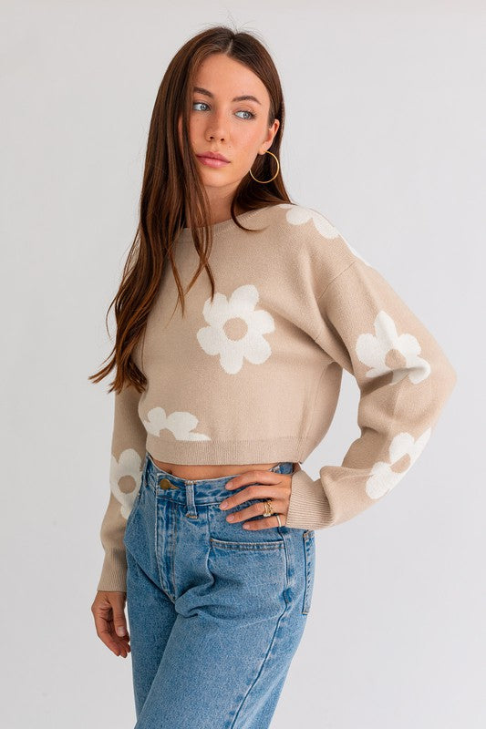 Long Sleeve Crop Sweater with Daisy Pattern Sweater