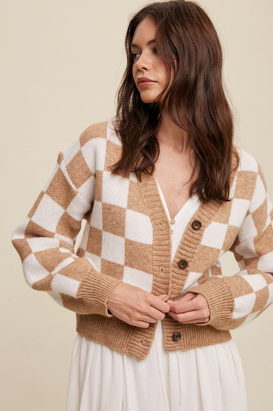 Bold Gingham Sweater Weaved Crop Cardigan Taupe cardigan