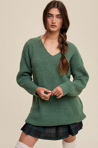 Slouchy V-neck Ribbed Knit Sweater Forest Green Sweater
