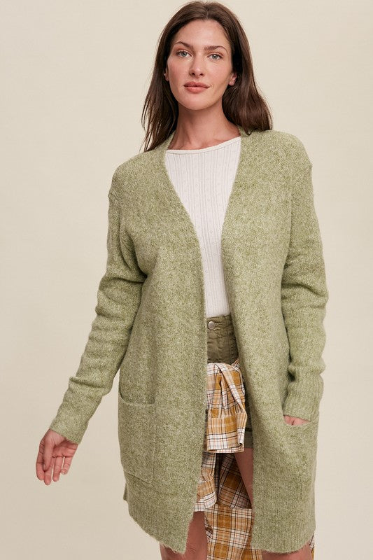 Two Pocket Open-Front Long Knit Cardigan Olive cardigan