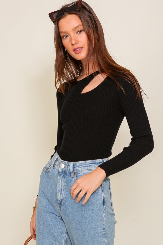 Cut Out Long Sleeve Sweater Top Black Sweater