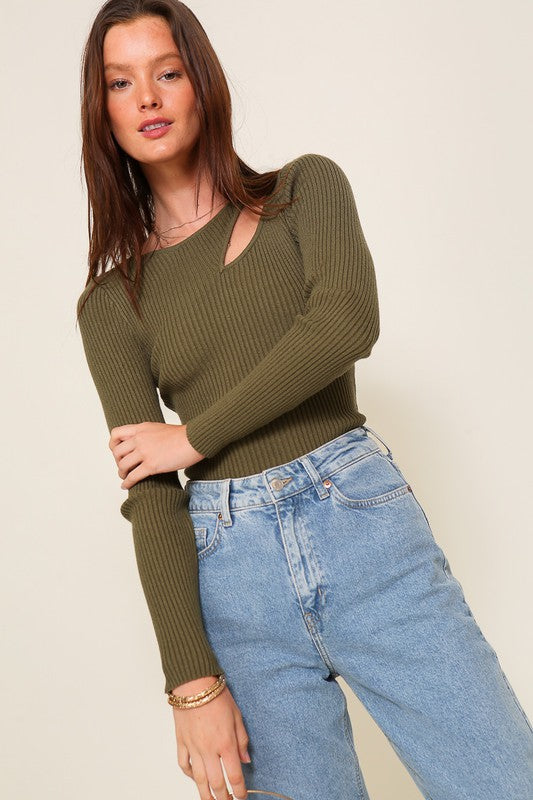 Cut Out Long Sleeve Sweater Top Olive Sweater
