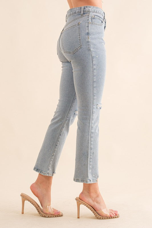 Studded Rhinestone Distressed Denim Jeans Denim pants