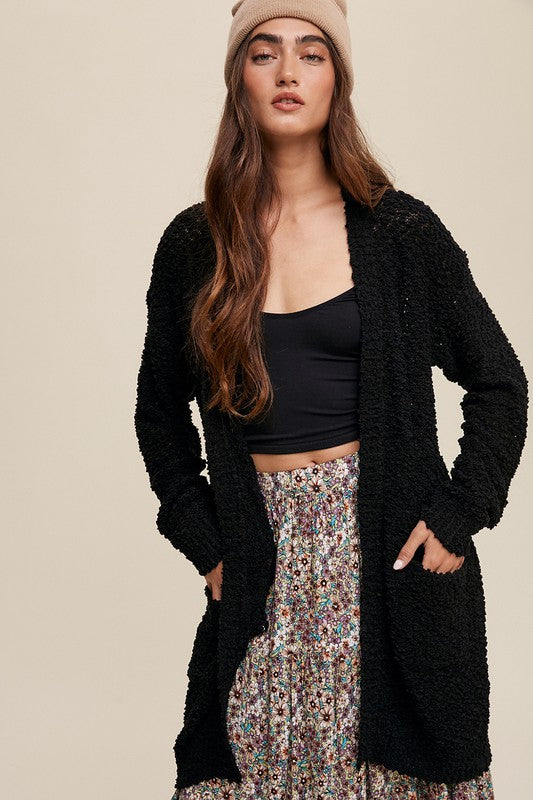 Popcorn Open Knit Cardigan Sweater Black cardigan