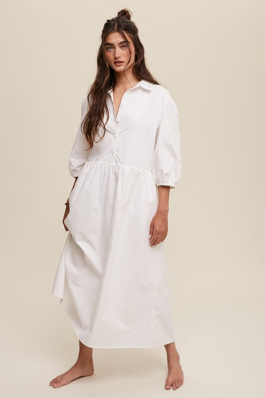 Button Front Puff Sleeve Babydoll Maxi Dress White Dress