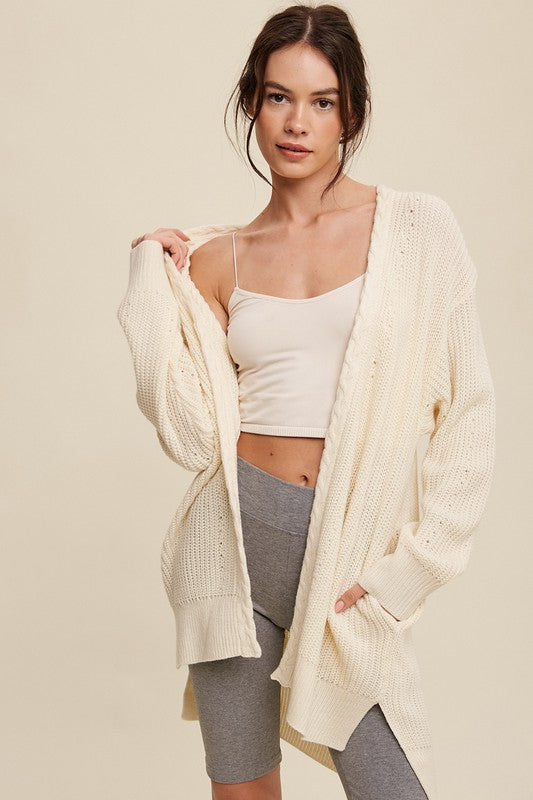 Cable Knit Open Front Long Cardigan Cream cardigan